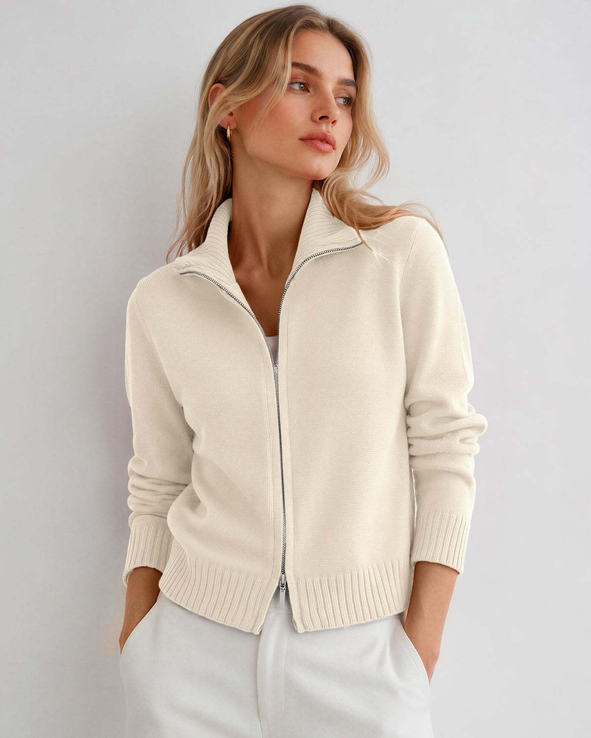 LOMON Cardigan Sweaters for Women, Two Way Zip Cropped Knit Jacket
