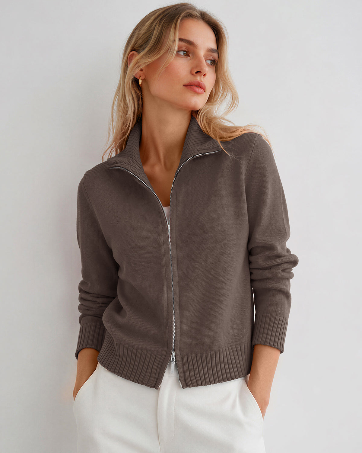 LOMON Cardigan Sweaters for Women, Two Way Zip Cropped Knit Jacket