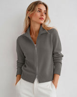 LOMON Cardigan Sweaters for Women, Two Way Zip Cropped Knit Jacket