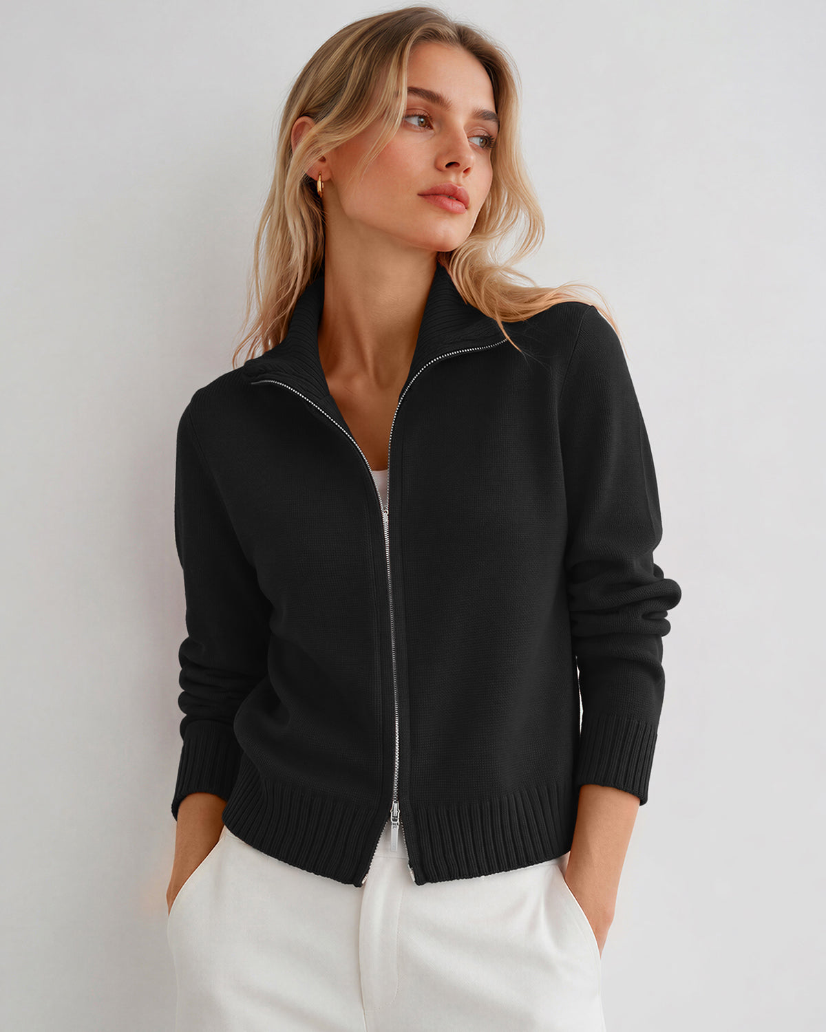 LOMON Cardigan Sweaters for Women, Two Way Zip Cropped Knit Jacket