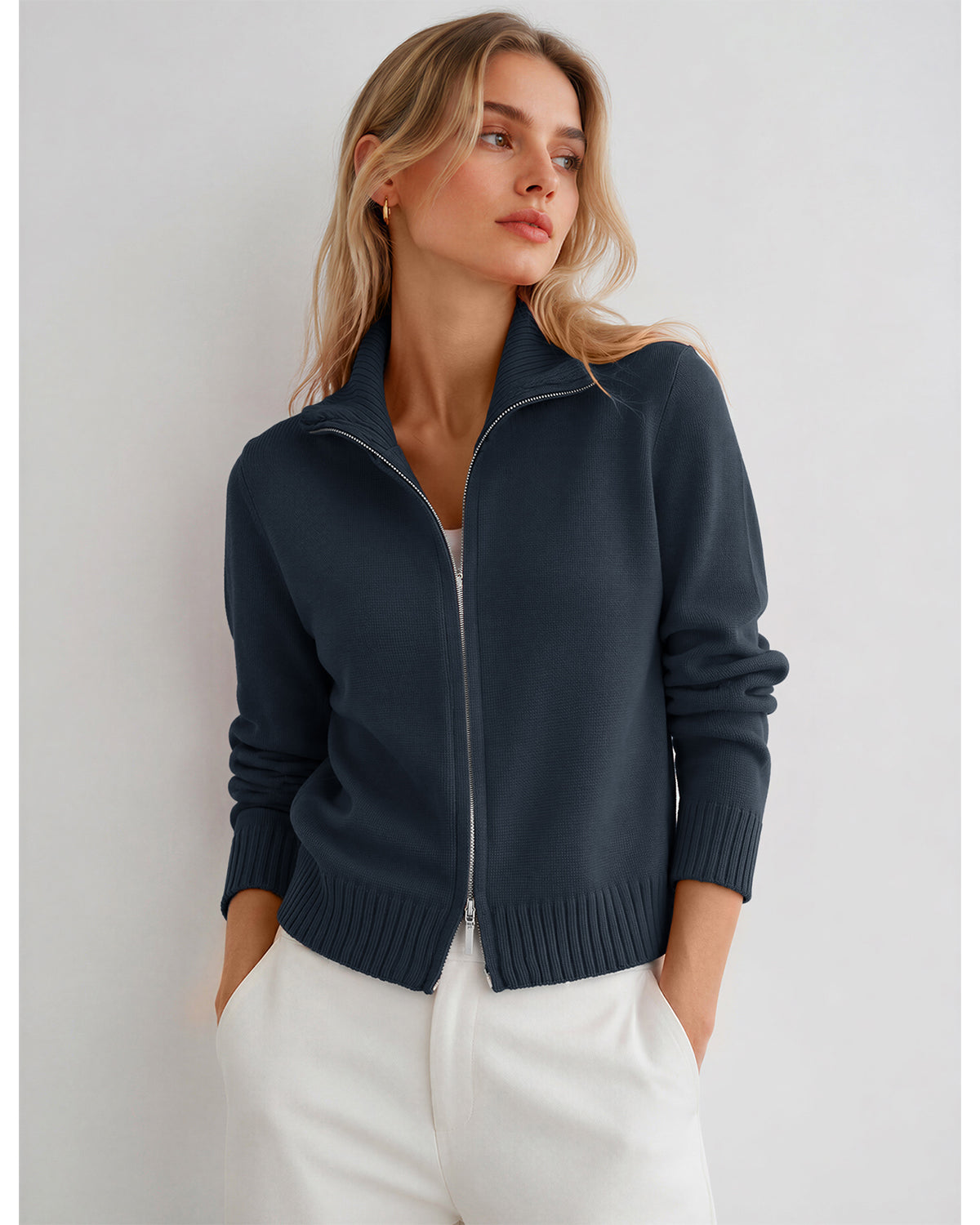LOMON Cardigan Sweaters for Women, Two Way Zip Cropped Knit Jacket
