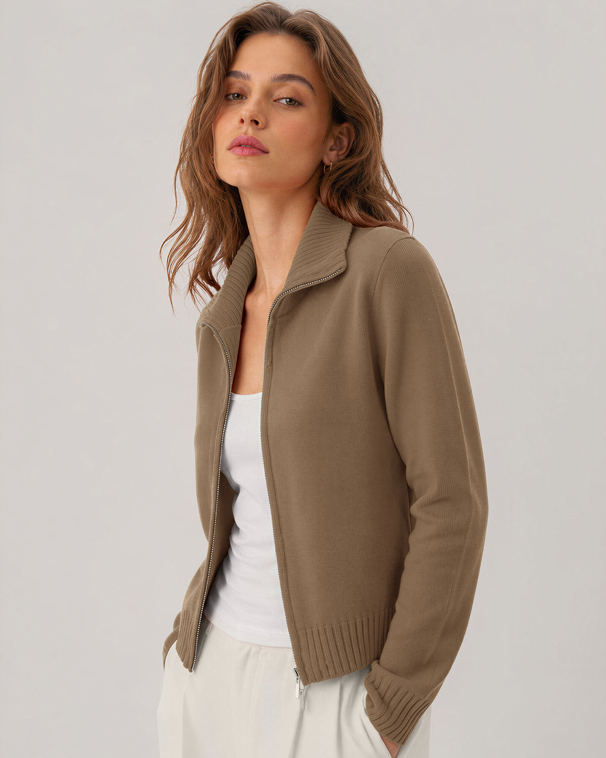 LOMON Cardigan Sweaters for Women, Two Way Zip Cropped Knit Jacket