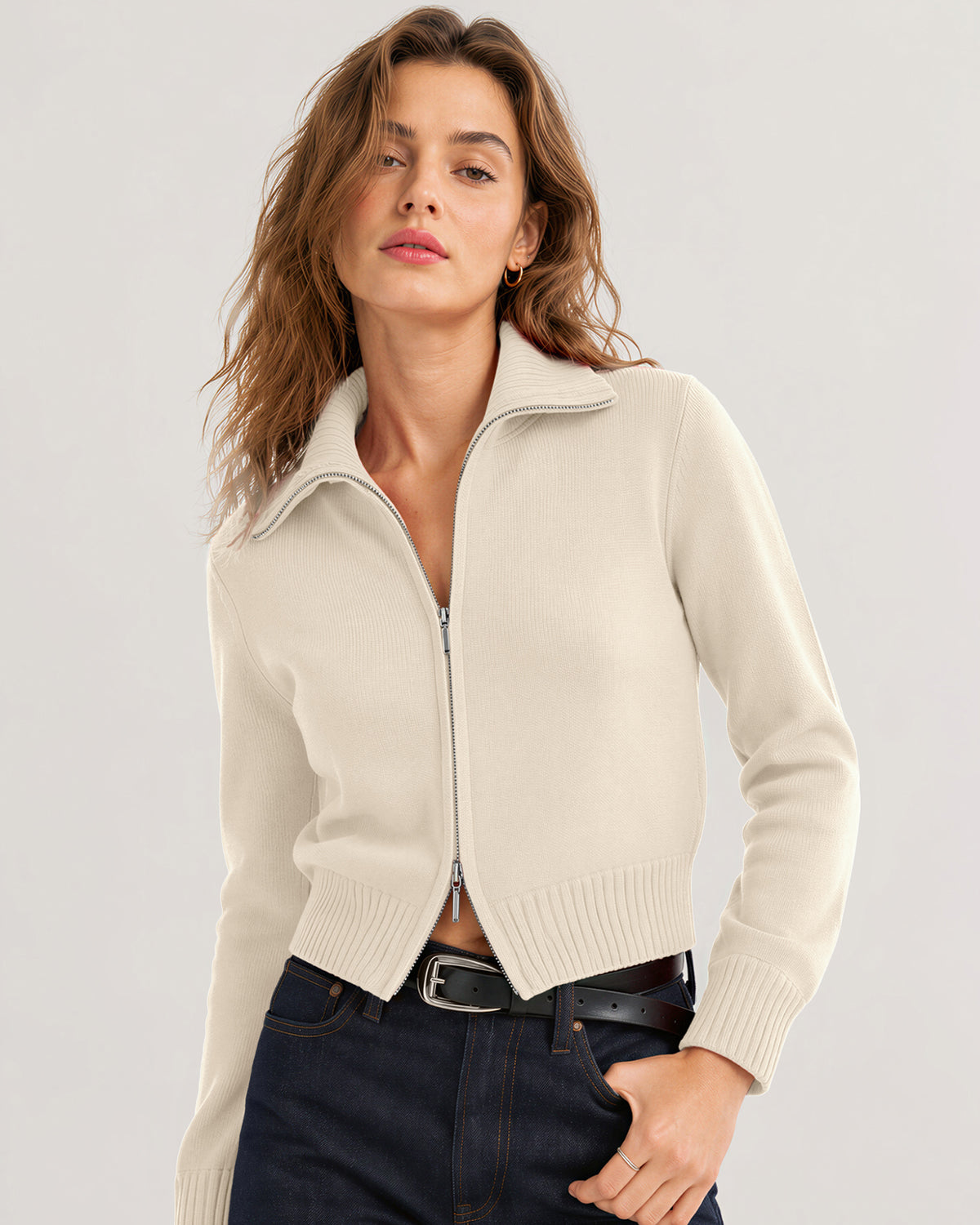 LOMON Cardigan Sweaters for Women, Two Way Zip Cropped Knit Jacket