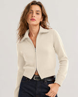 LOMON Cardigan Sweaters for Women, Two Way Zip Cropped Knit Jacket