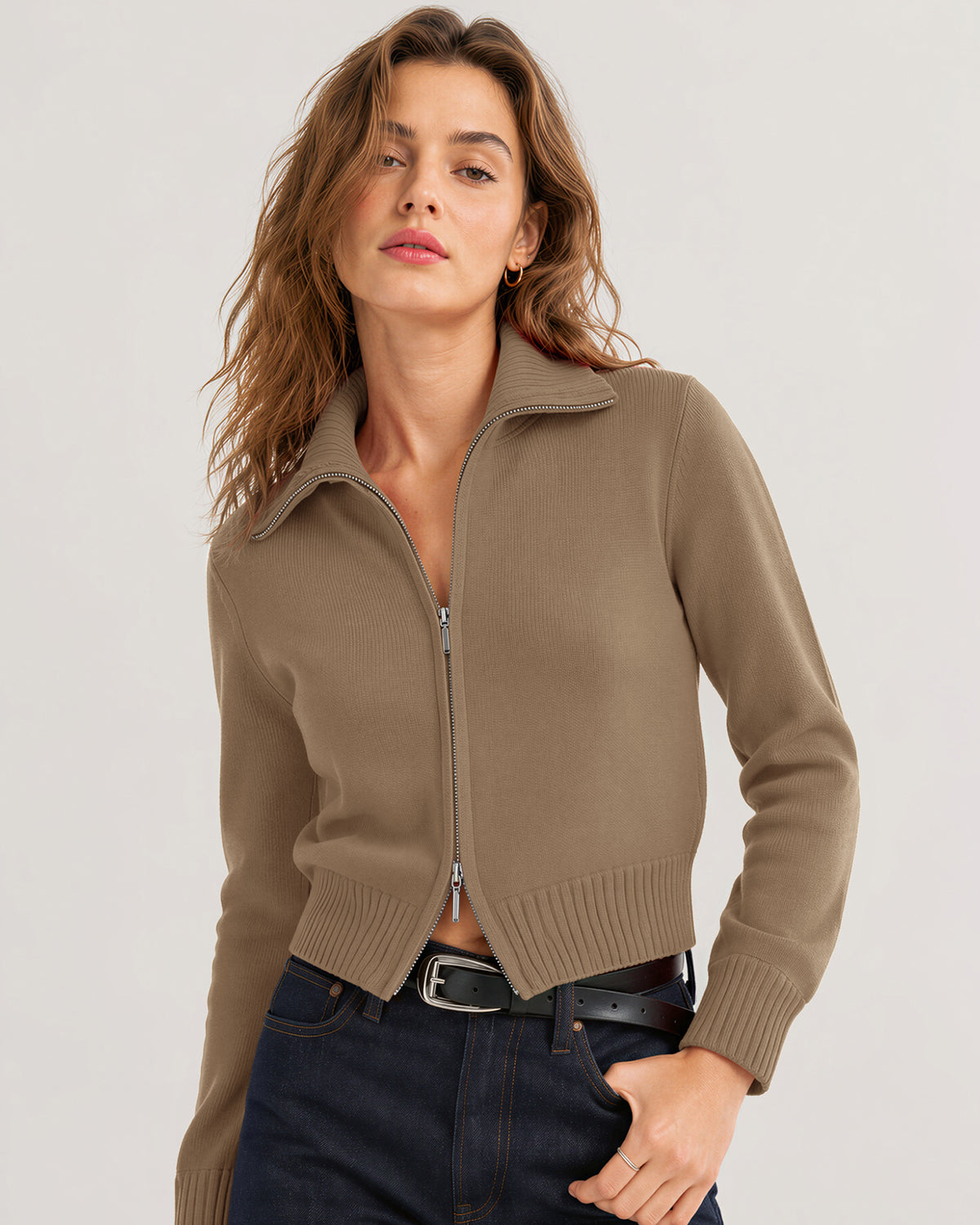 LOMON Cardigan Sweaters for Women, Two Way Zip Cropped Knit Jacket