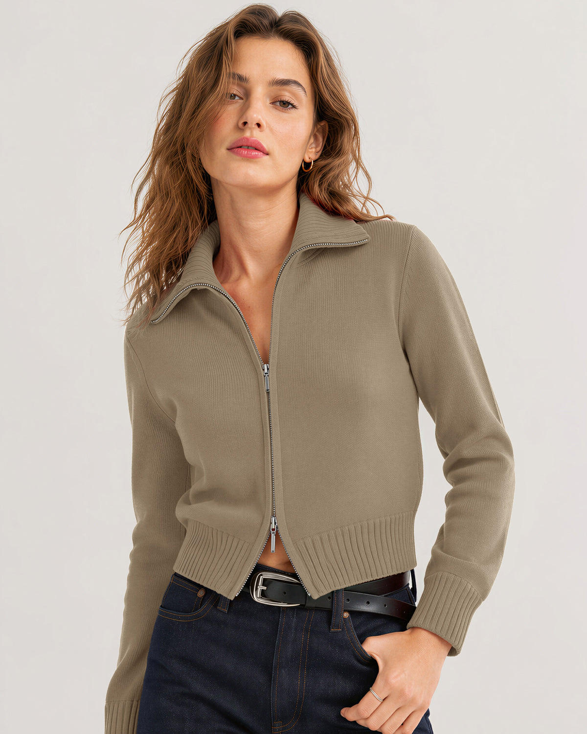 LOMON Cardigan Sweaters for Women, Two Way Zip Cropped Knit Jacket