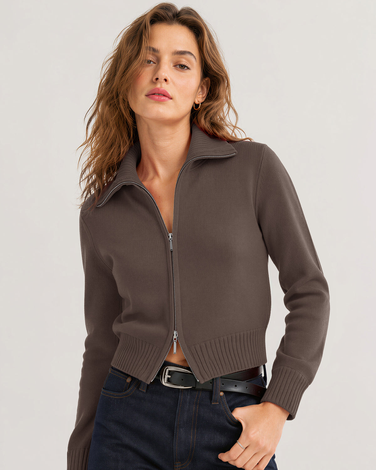 LOMON Cardigan Sweaters for Women, Two Way Zip Cropped Knit Jacket