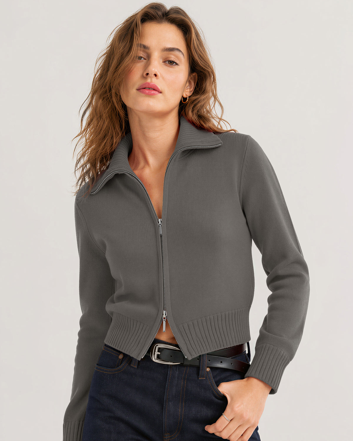 LOMON Cardigan Sweaters for Women, Two Way Zip Cropped Knit Jacket