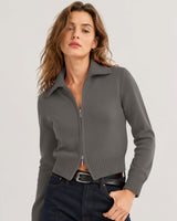 LOMON Cardigan Sweaters for Women, Two Way Zip Cropped Knit Jacket