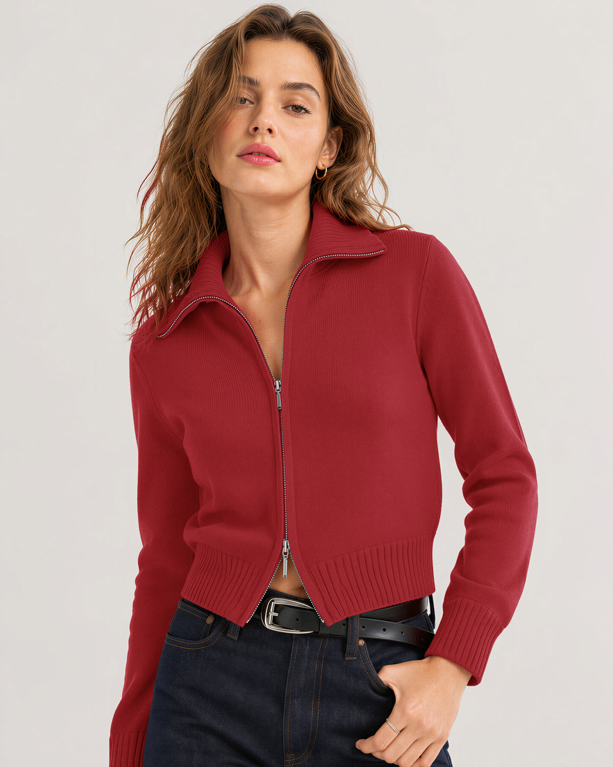 LOMON Cardigan Sweaters for Women, Two Way Zip Cropped Knit Jacket