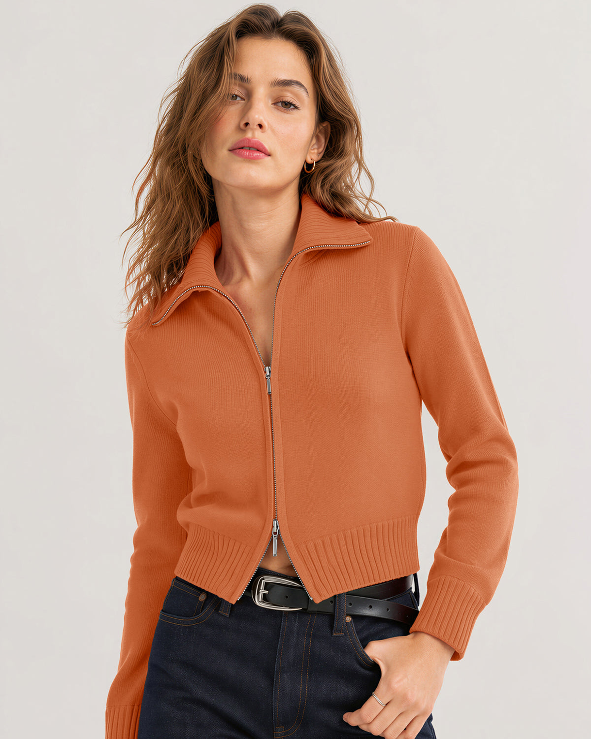 LOMON Cardigan Sweaters for Women, Two Way Zip Cropped Knit Jacket
