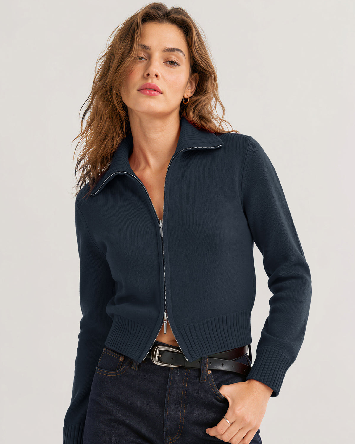 LOMON Cardigan Sweaters for Women, Two Way Zip Cropped Knit Jacket