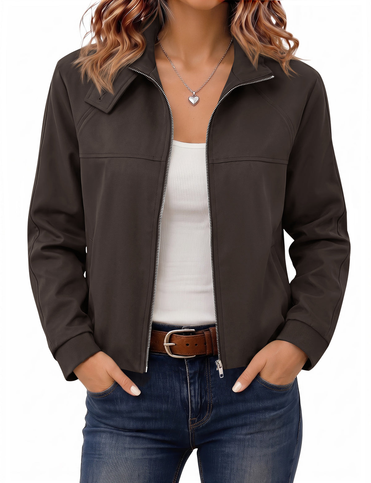 LOMON Jackets for Women Zip Up Funnel Neck Cropped Jackets With Pockets