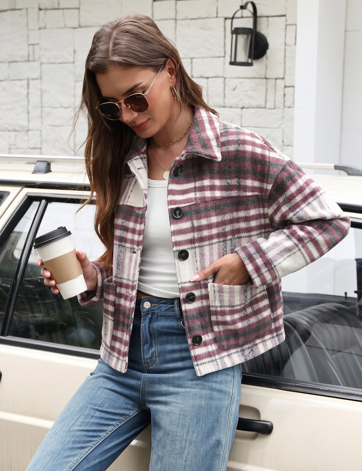 LOMON Women's Flannel Cropped Plaid Shacket Jacket Button Down Fall Outfits