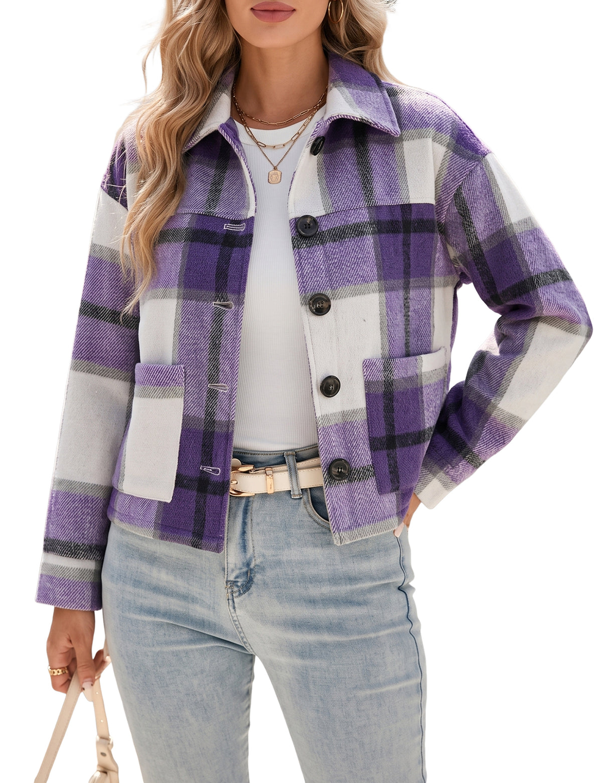 LOMON Women's Flannel Cropped Plaid Shacket Jacket Button Down Fall Outfits