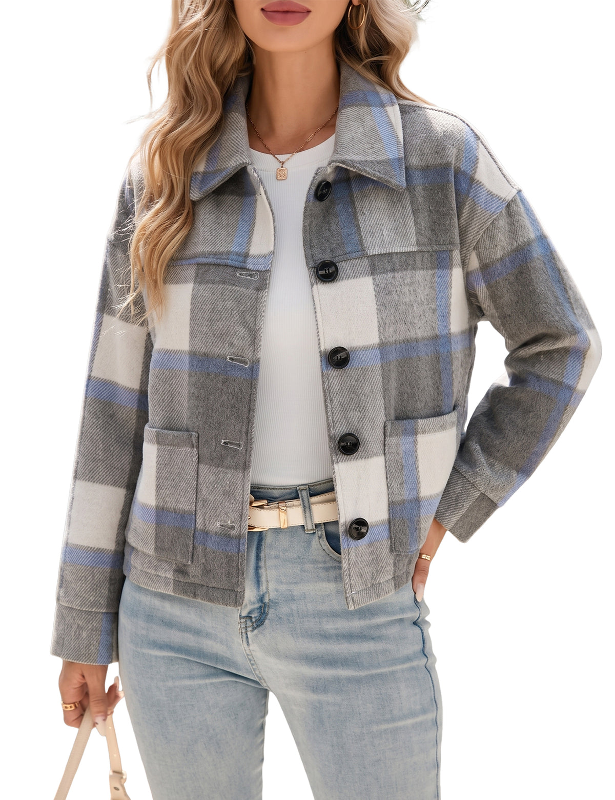 LOMON Women's Flannel Cropped Plaid Shacket Jacket Button Down Fall Outfits