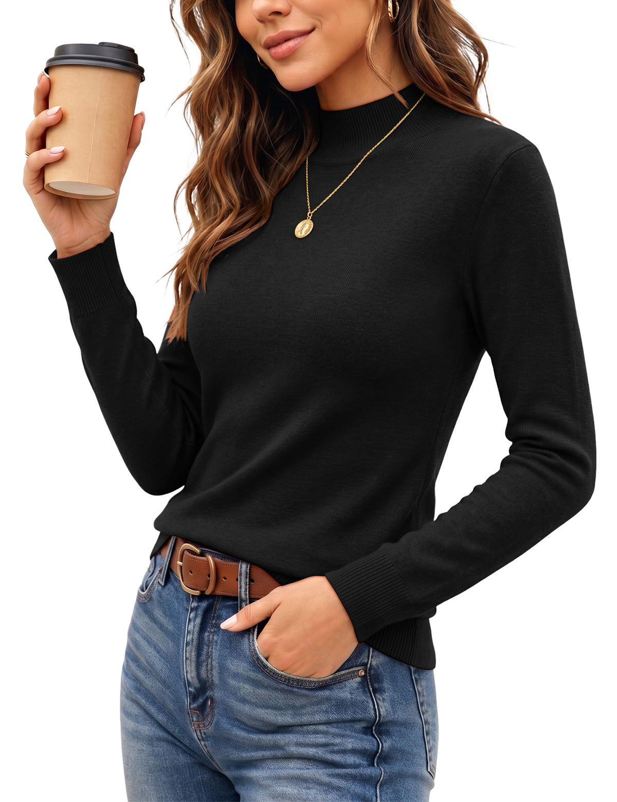 LOMON Women Mock Neck Sweater Long Sleeve Knit Pullover Soft Casual Tops