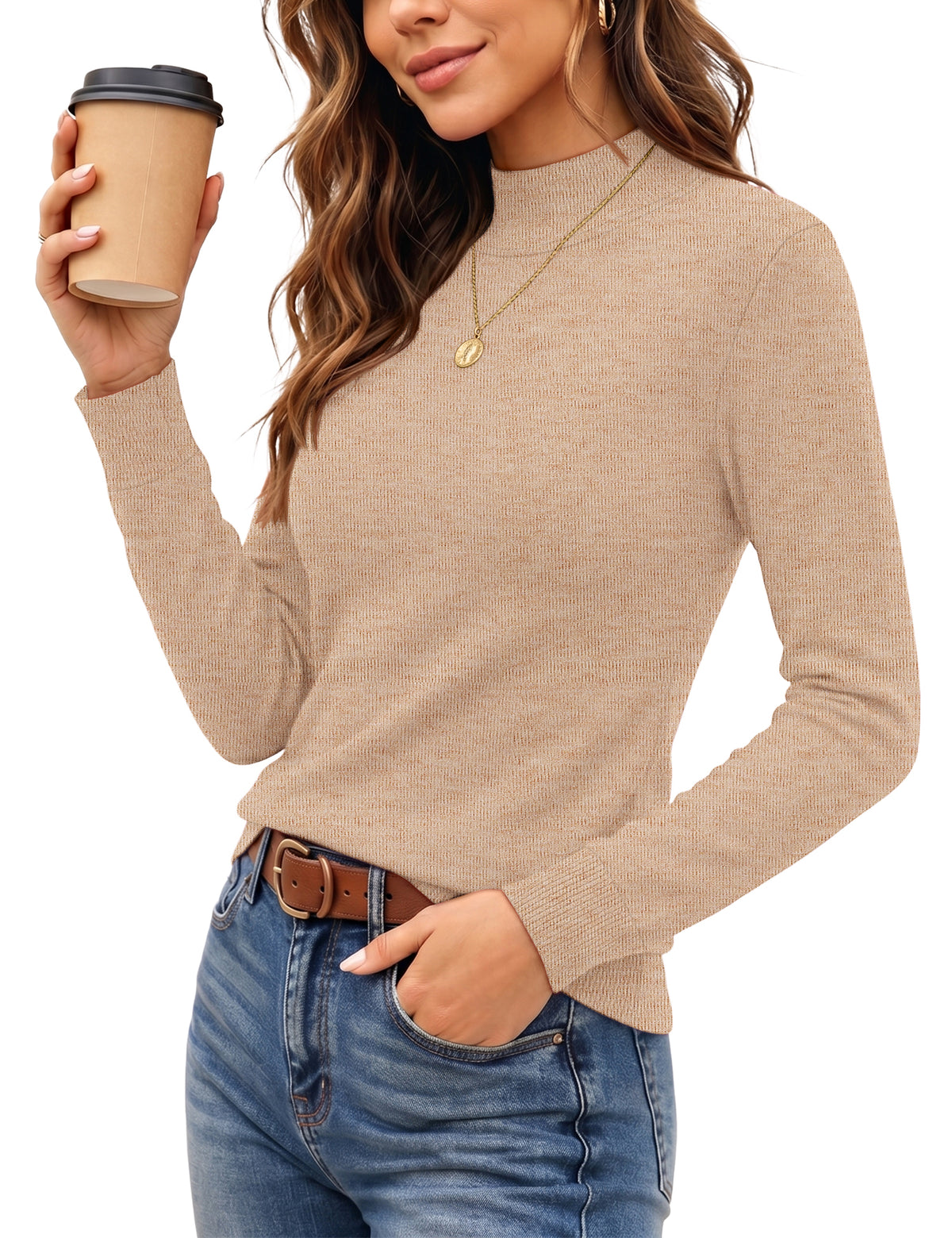 LOMON Women Mock Neck Sweater Long Sleeve Knit Pullover Soft Casual Tops