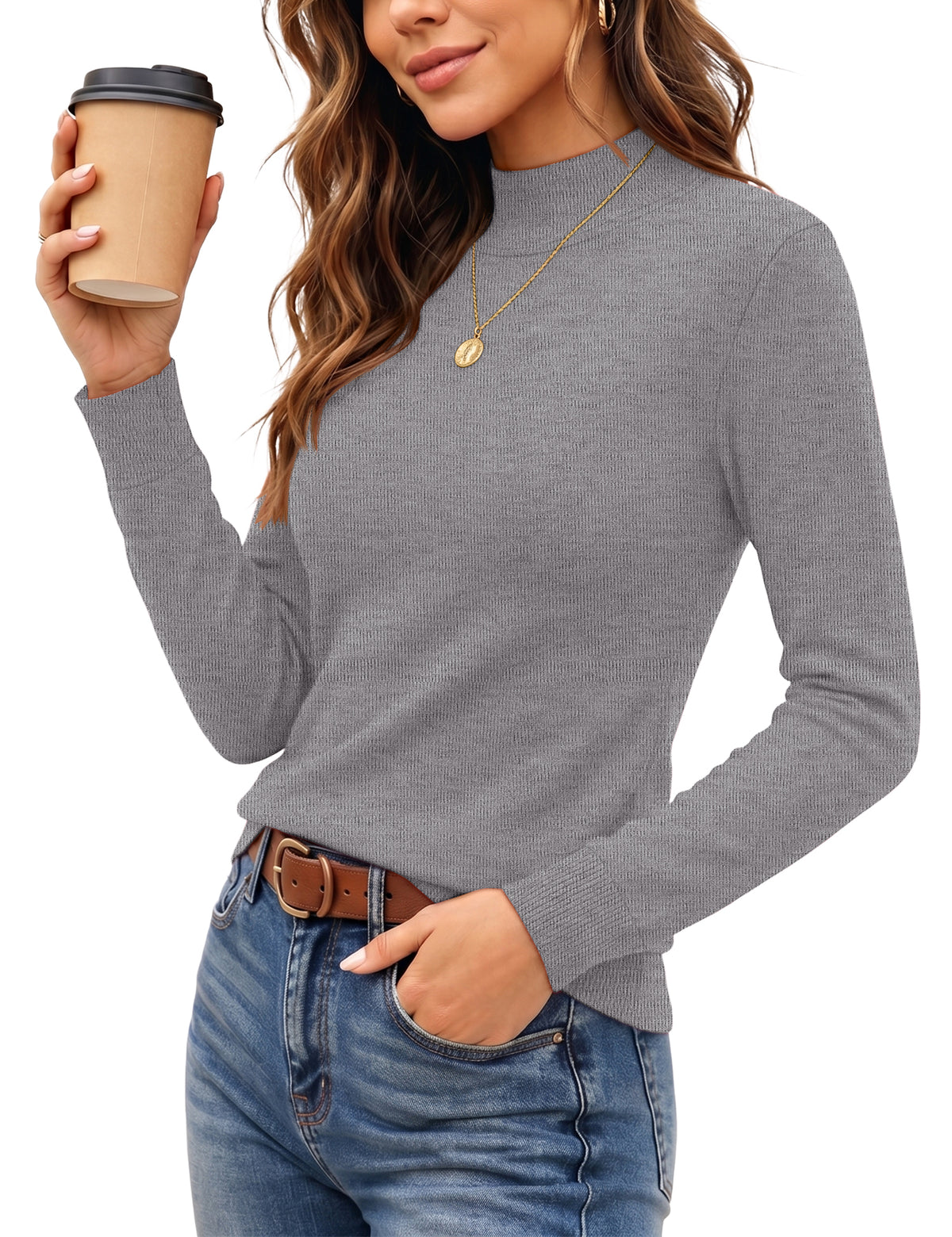 LOMON Women Mock Neck Sweater Long Sleeve Knit Pullover Soft Casual Tops