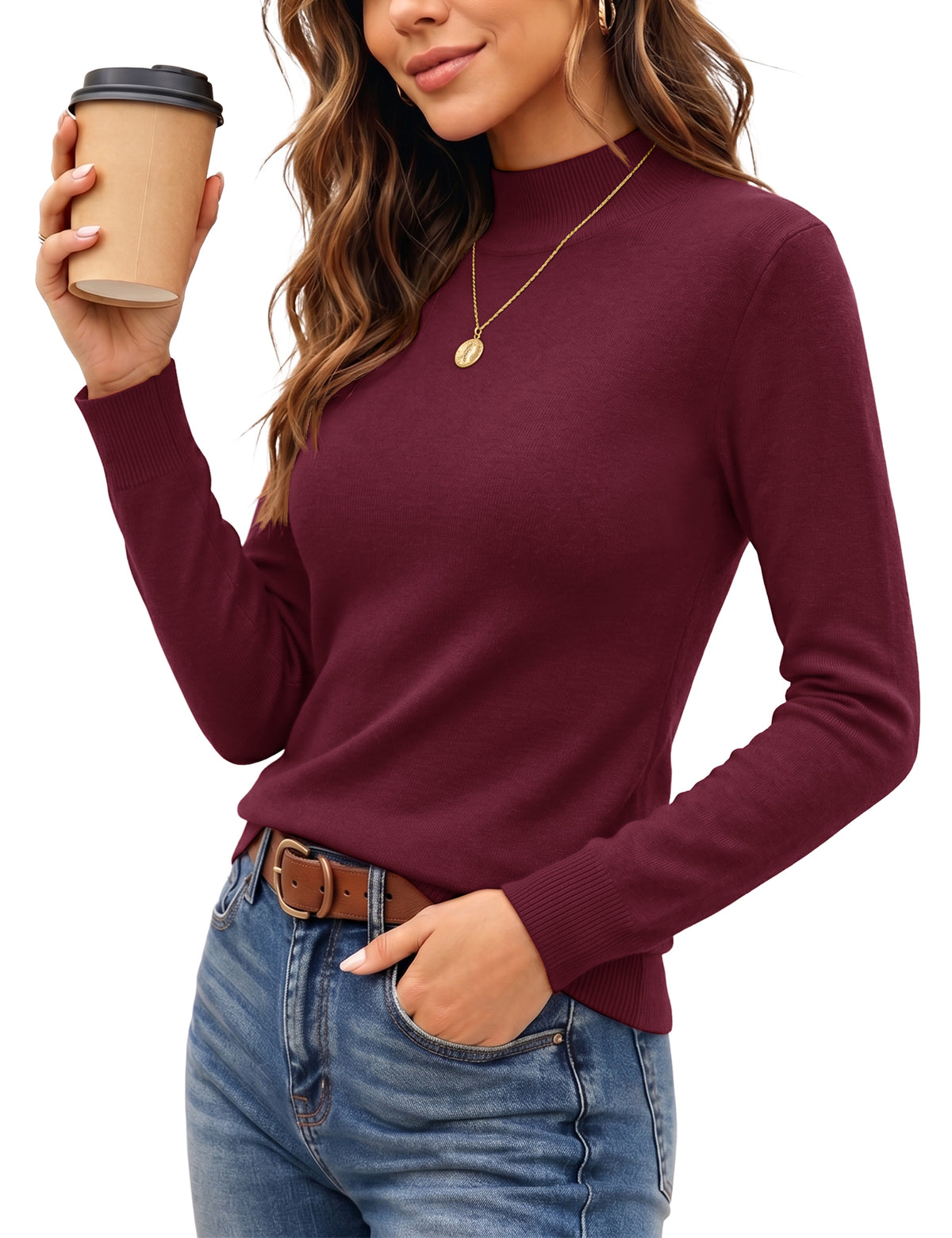 LOMON Women Mock Neck Sweater Long Sleeve Knit Pullover Soft Casual Tops