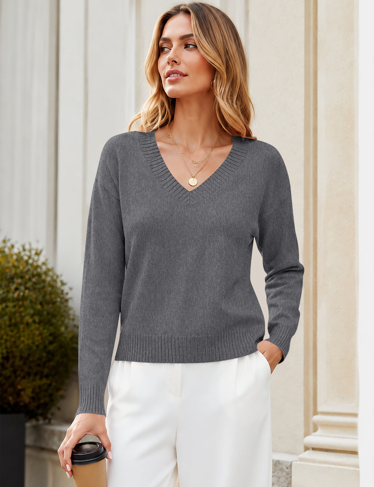 LOMON Sweaters for Women V Neck Long Sleeve Fall Oufits Casual Tops