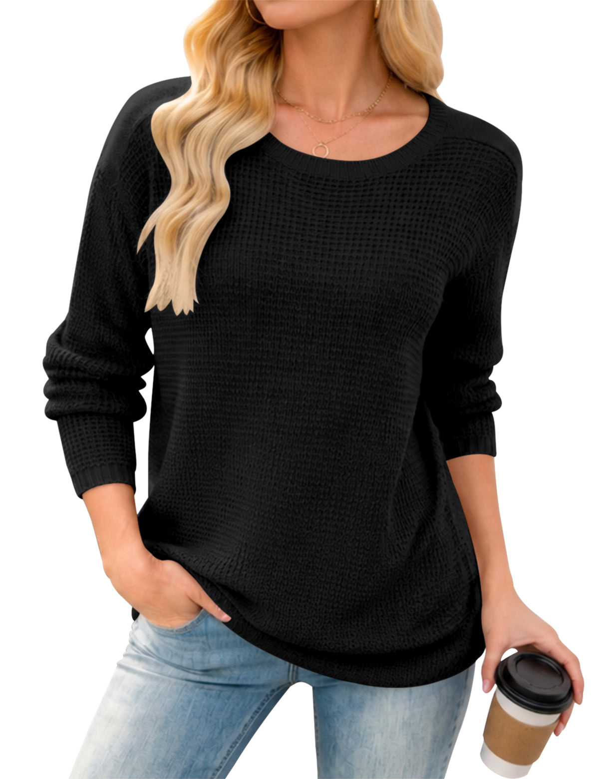 LOMON Womens Sweaters Crewneck Waffle Knit Top Winter Fall Fashion Clothing
