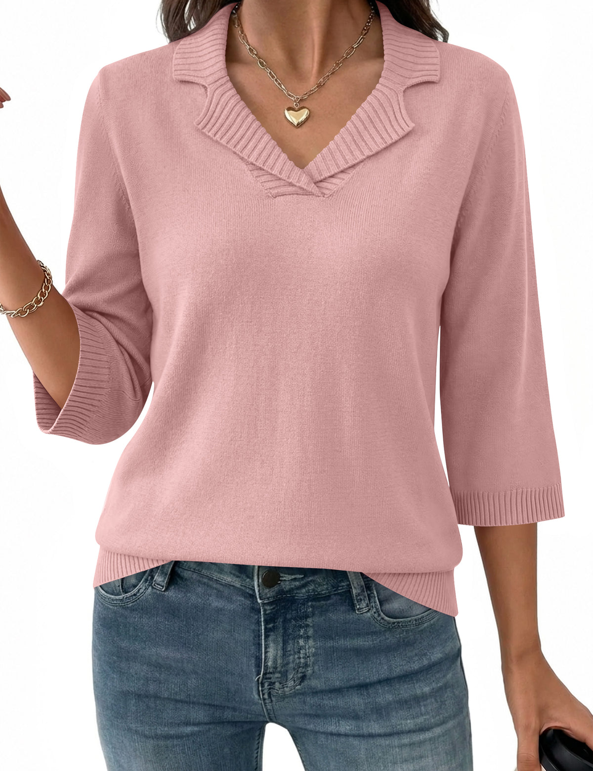 LOMON Womens Collared V Neck 3/4 Sleeve Sweaters Knit Pullover Tops