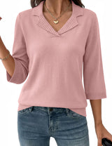 LOMON Womens Collared V Neck 3/4 Sleeve Sweaters Knit Pullover Tops
