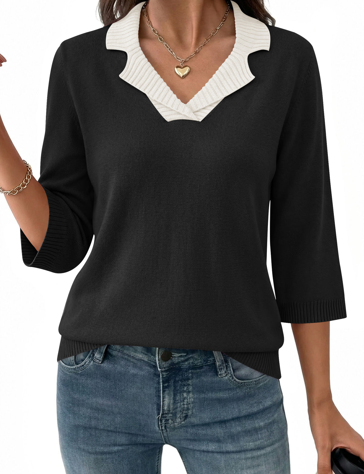 LOMON Womens Collared V Neck 3/4 Sleeve Sweaters Knit Pullover Tops