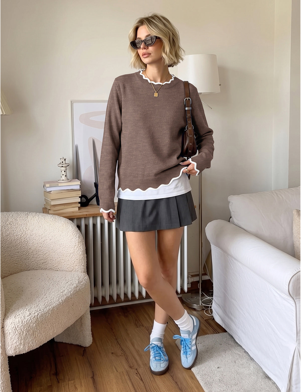 LOMON Sweaters for Women Fall Scalloped Long Sleeve Pullover