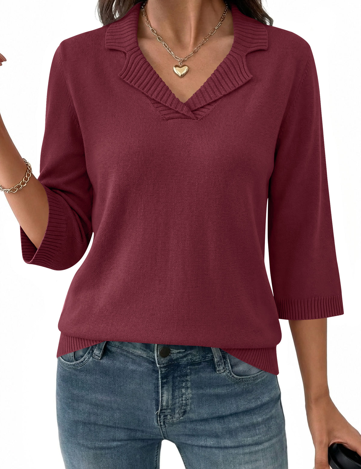 LOMON Womens Collared V Neck 3/4 Sleeve Sweaters Knit Pullover Tops