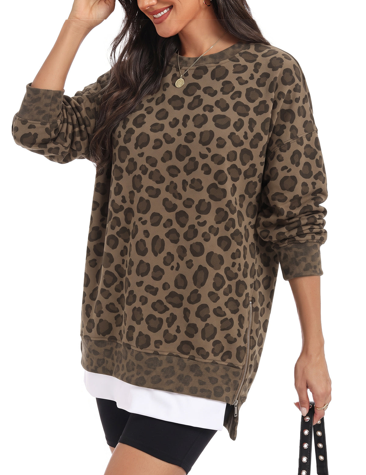 LOMON Women Fleece Oversized Crewneck Sweatshirt Layered Tunic Pullover