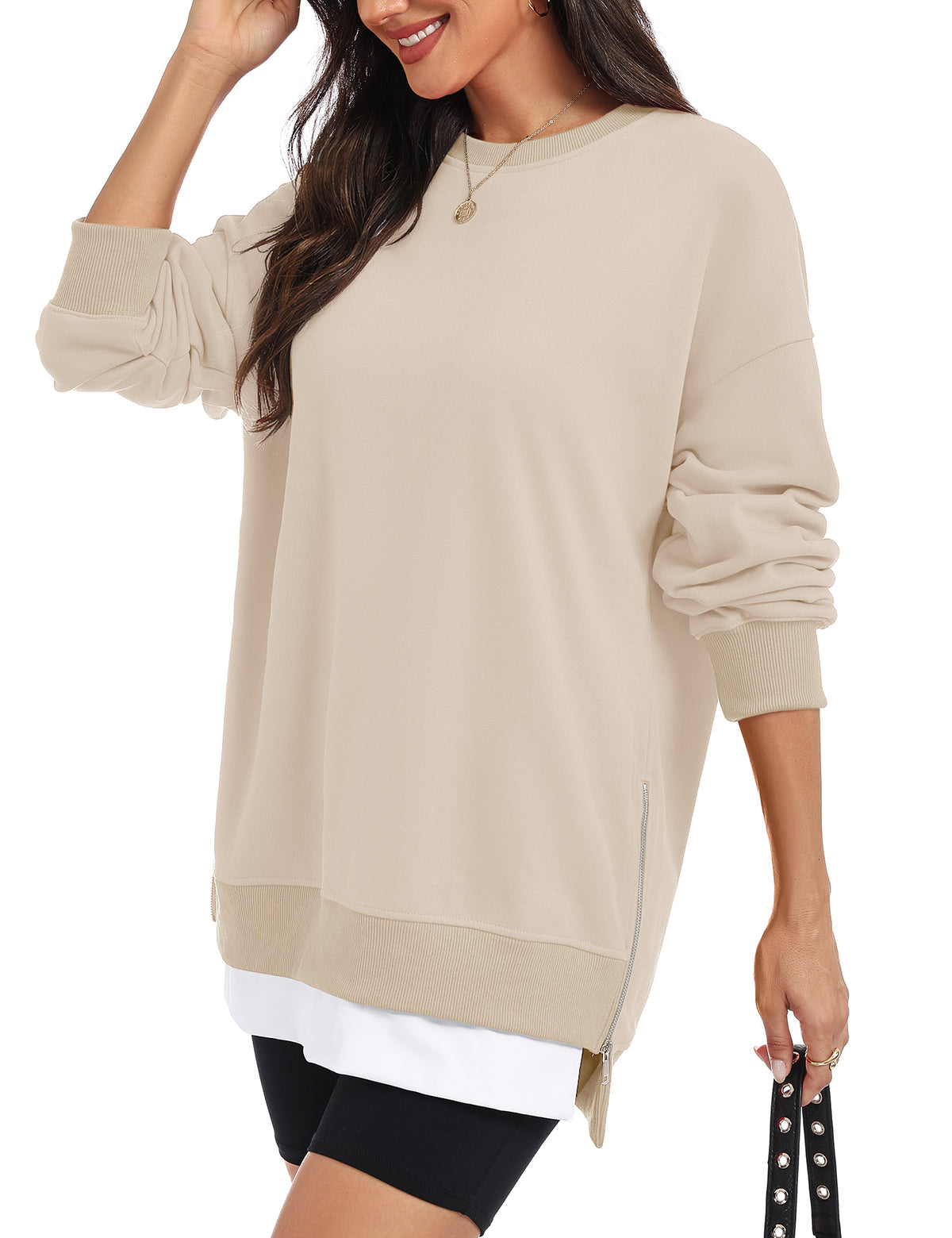 LOMON Women Fleece Oversized Crewneck Sweatshirt Layered Tunic Pullover
