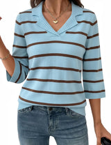 LOMON Womens Collared V Neck 3/4 Sleeve Sweaters Knit Pullover Tops