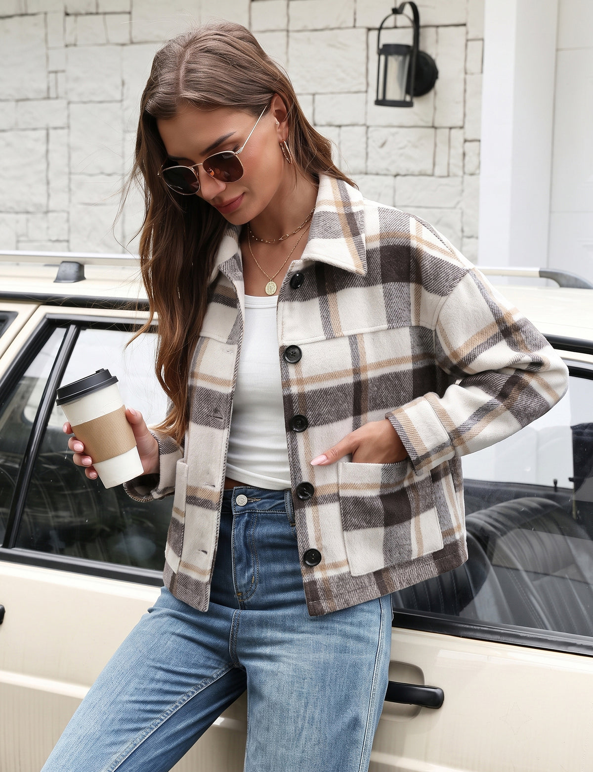 LOMON Women's Flannel Cropped Plaid Shacket Jacket Button Down Fall Outfits