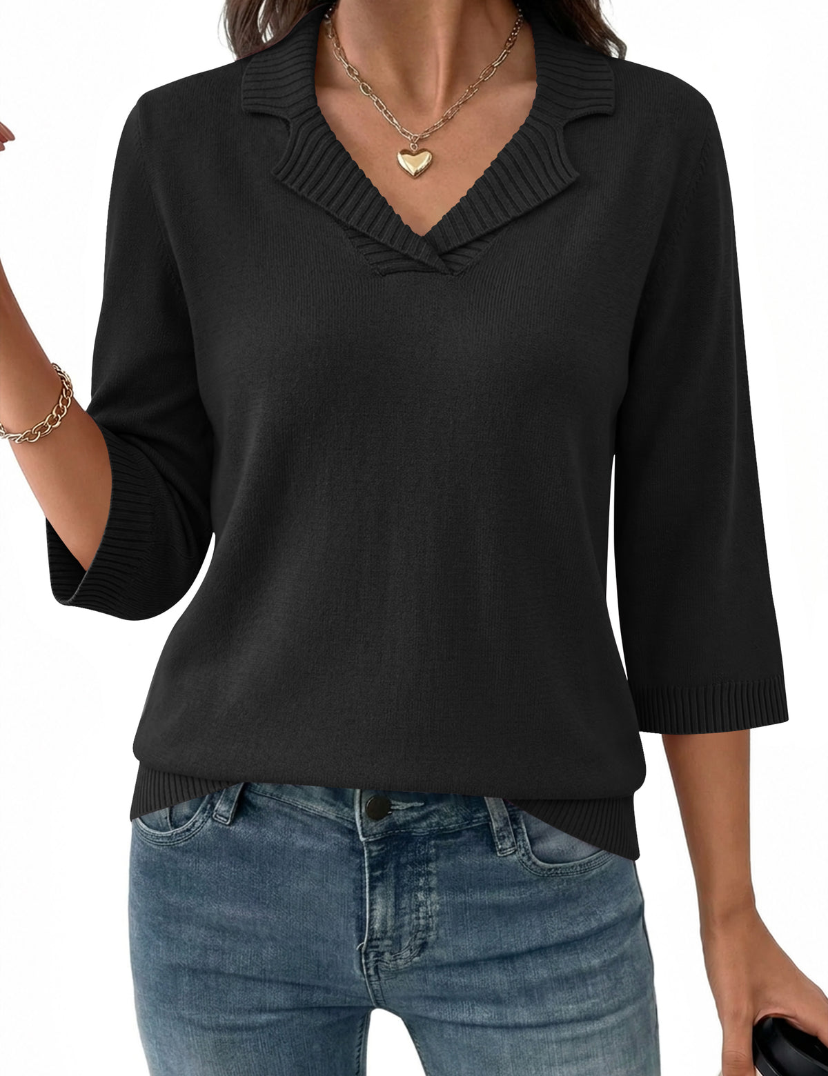 LOMON Womens Collared V Neck 3/4 Sleeve Sweaters Knit Pullover Tops