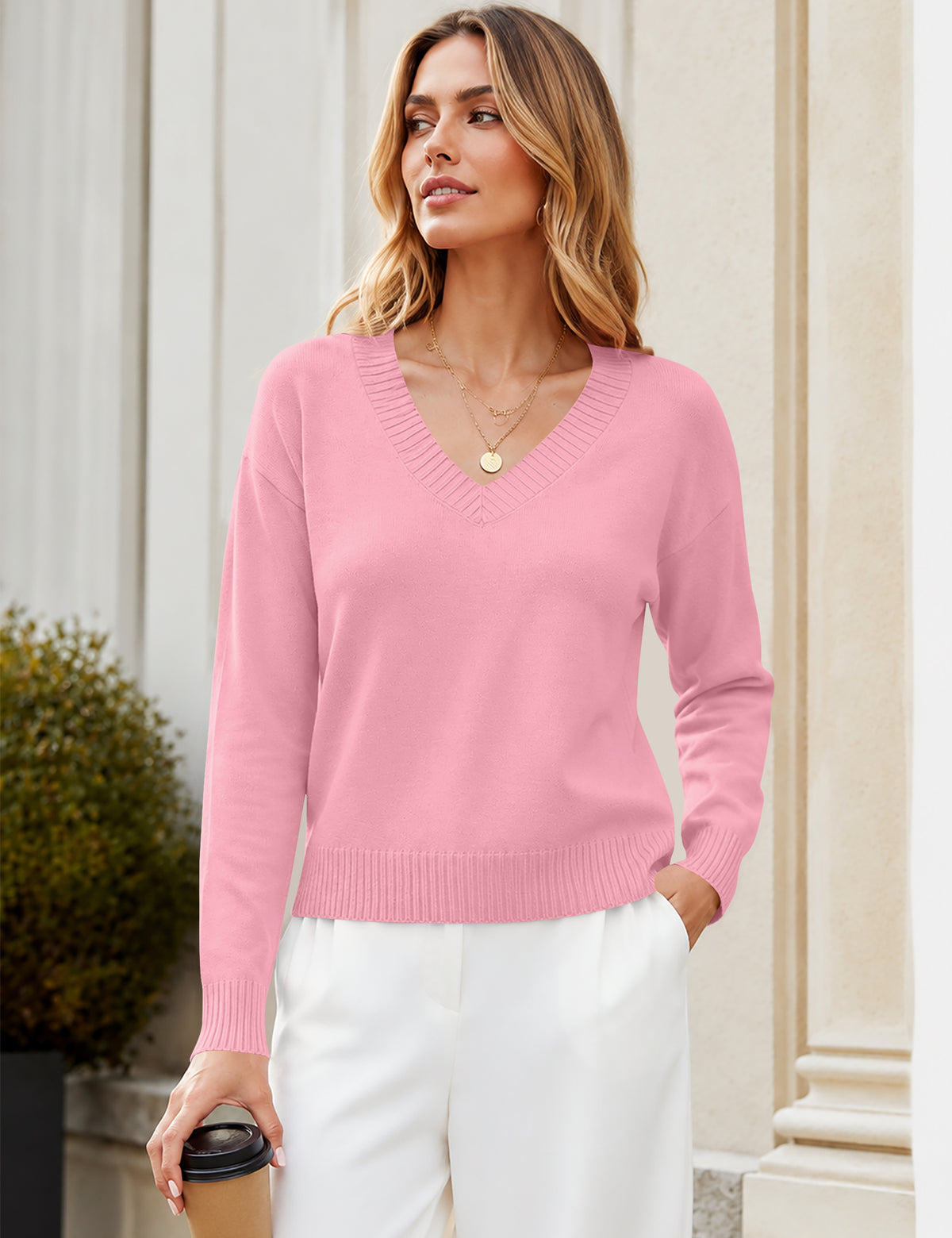LOMON Sweaters for Women V Neck Long Sleeve Fall Oufits Casual Tops