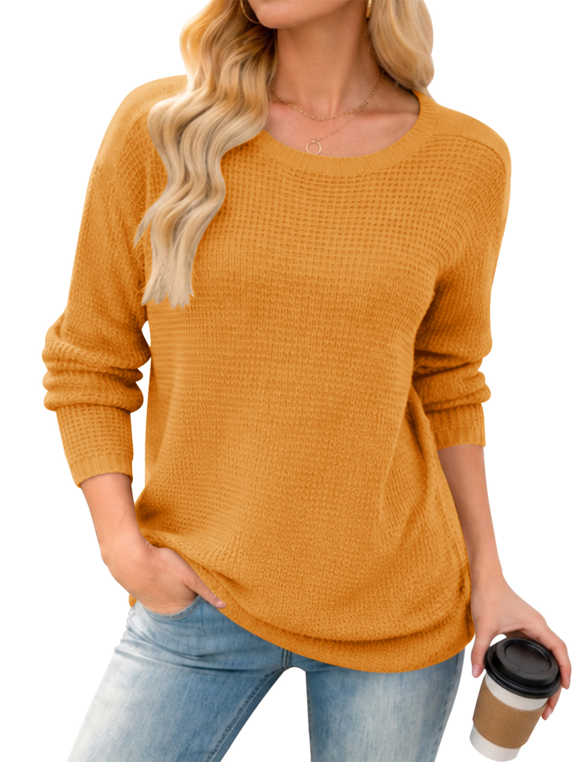 LOMON Womens Sweaters Crewneck Waffle Knit Top Winter Fall Fashion Clothing