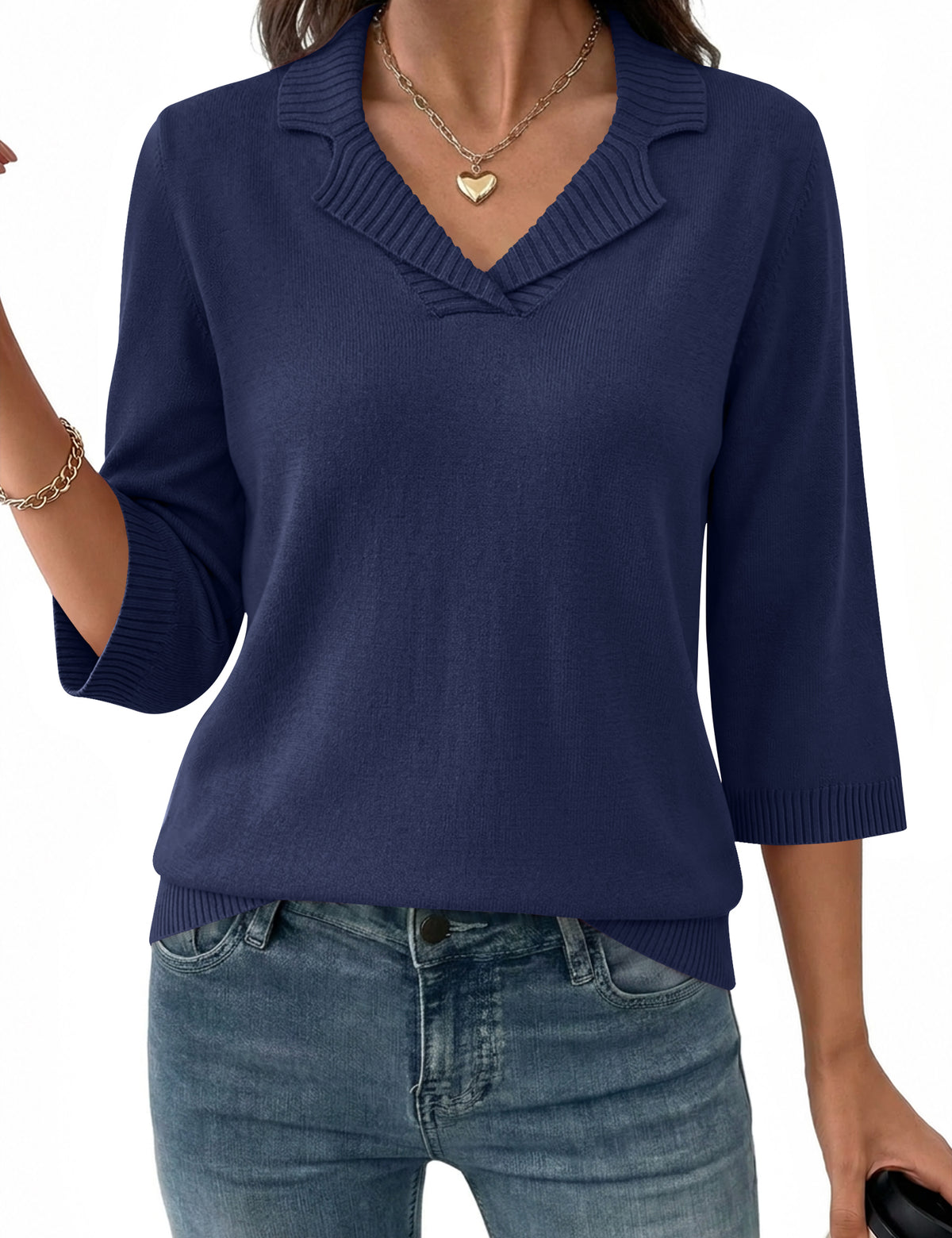 LOMON Womens Collared V Neck 3/4 Sleeve Sweaters Knit Pullover Tops