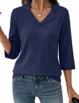LOMON Womens Collared V Neck 3/4 Sleeve Sweaters Knit Pullover Tops