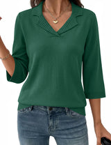 LOMON Womens Collared V Neck 3/4 Sleeve Sweaters Knit Pullover Tops