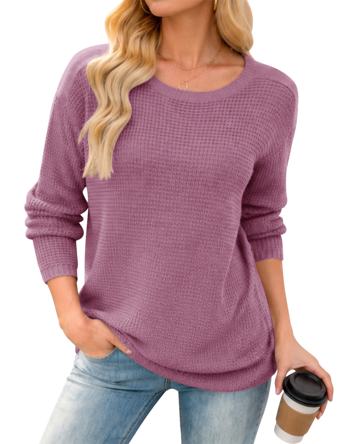 LOMON Womens Sweaters Crewneck Waffle Knit Top Winter Fall Fashion Clothing