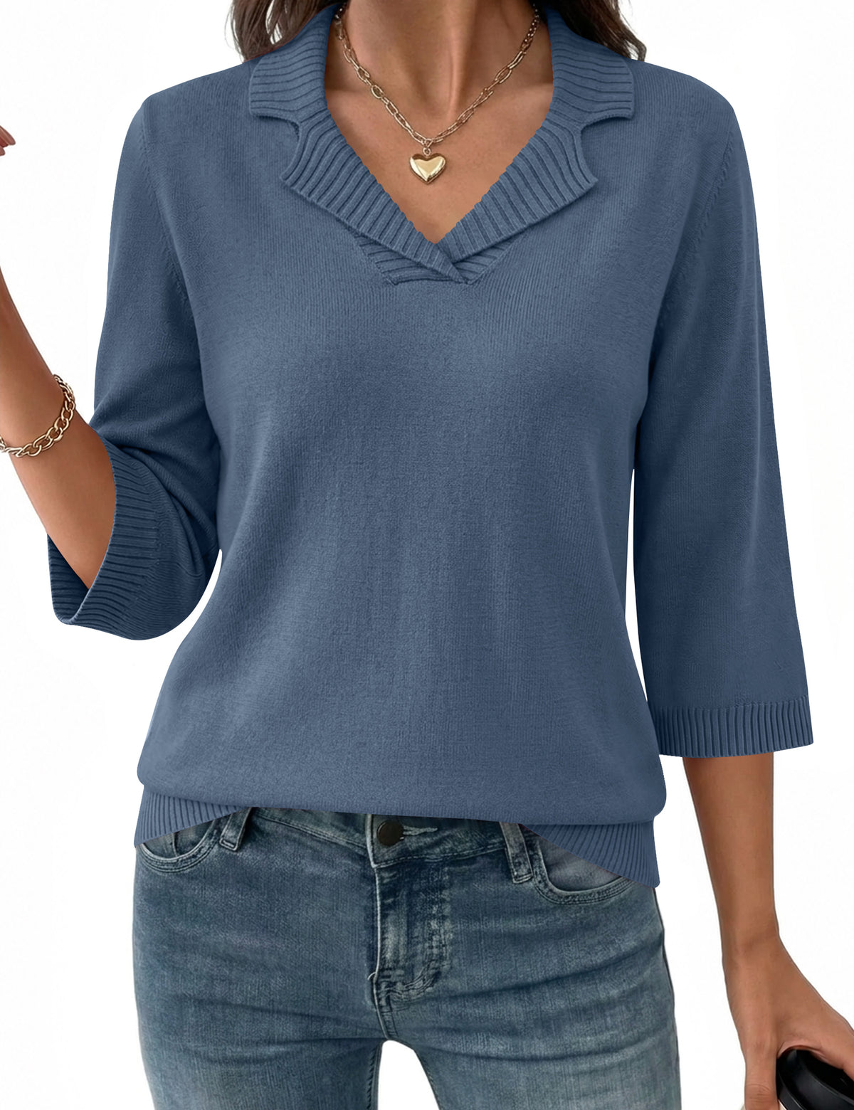 LOMON Womens Collared V Neck 3/4 Sleeve Sweaters Knit Pullover Tops