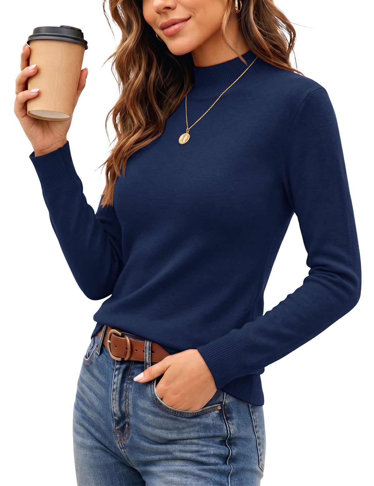 LOMON Women Mock Neck Sweater Long Sleeve Knit Pullover Soft Casual Tops