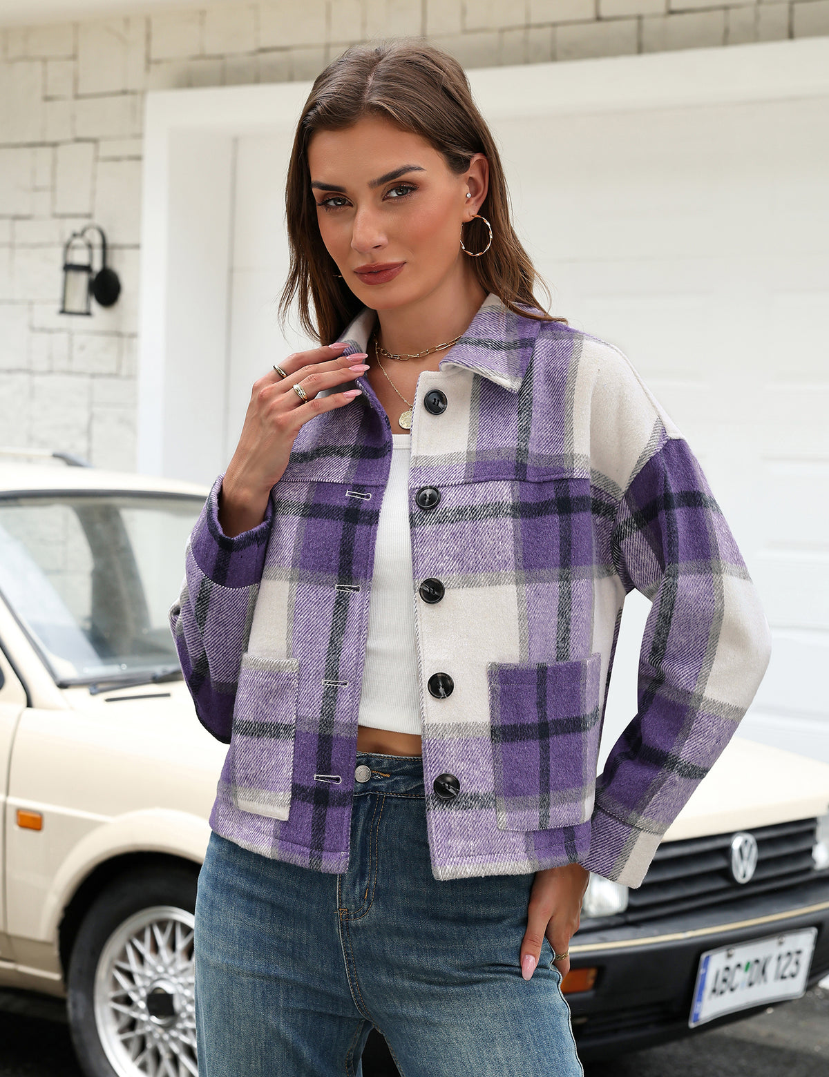 LOMON Women's Flannel Cropped Plaid Shacket Jacket Button Down Fall Outfits