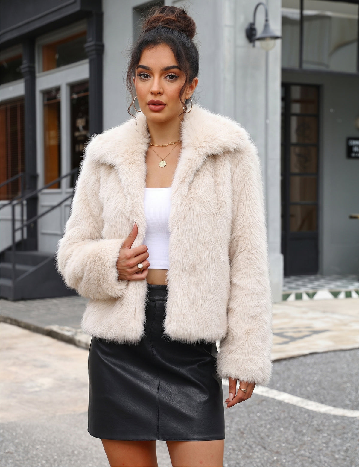 LOMON Faux Fur Coat Women Two-Tone Cropped Fluffy Jacket