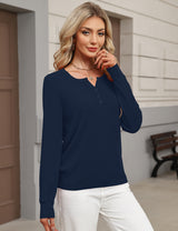 LOMON Womens Wool Blend Long Sleeve Sweaters V Neck Henley Pullover Tops