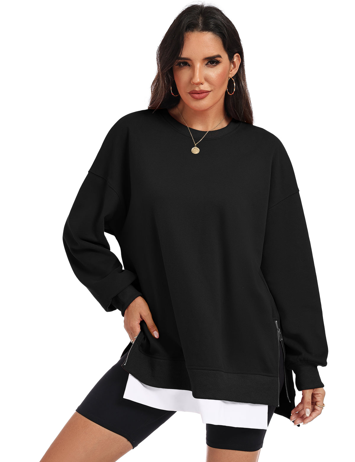 LOMON Women Fleece Oversized Crewneck Sweatshirt Layered Tunic Pullover
