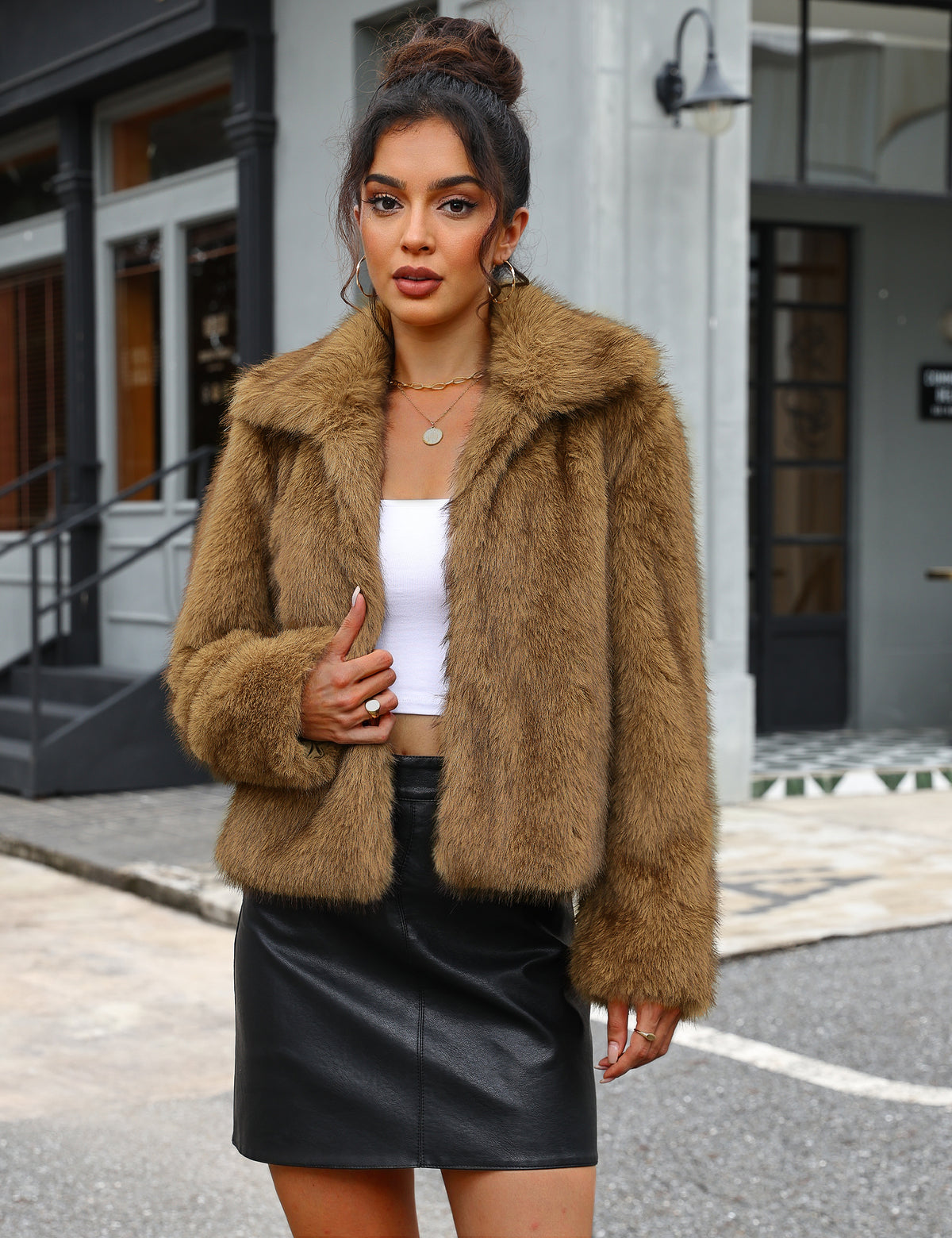 LOMON Faux Fur Coat Women Two-Tone Cropped Fluffy Jacket