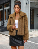 LOMON Faux Fur Coat Women Two-Tone Cropped Fluffy Jacket